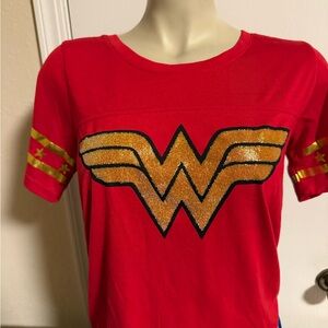 Wonder Woman Inspired Red Short Sleeve Tee with Gold Emblem Removable Cape